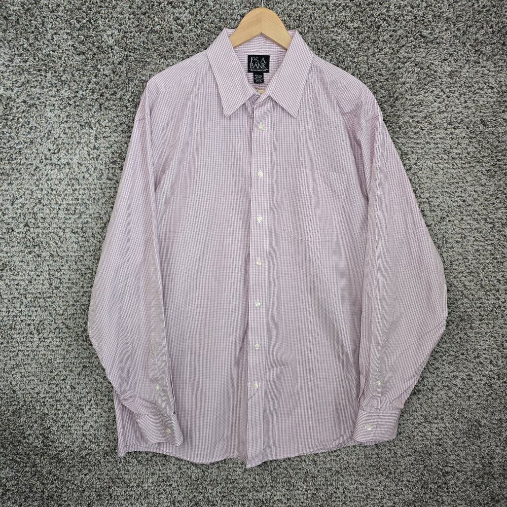 Jos A Bank Dress Shirt Mens 17.5 36 Red Check Button Up Cotton Pocket Career